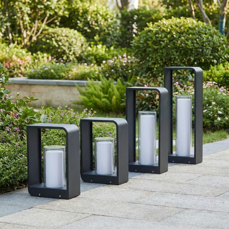 Twilight outdoor solar lanterns shown in a row on white background