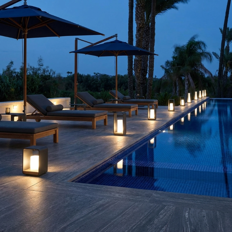 Twilight outdoor solar lanterns beside pool in modern outdoor setting