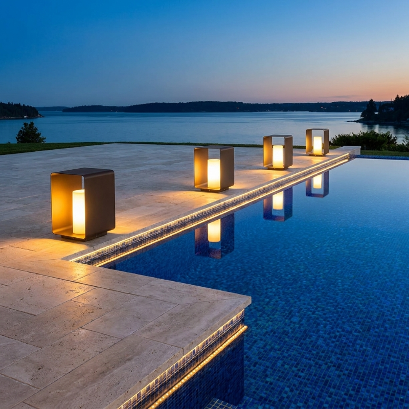 Poolside area with illuminated lanterns by a body of water at dusk.