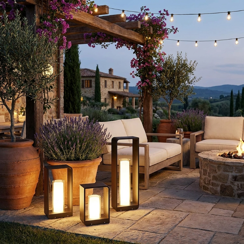Twilight outdoor solar lanterns glowing on patio beside fire pit and seating area