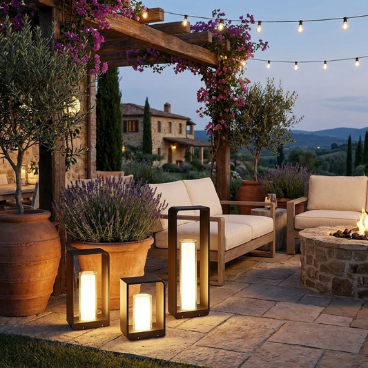 Twilight outdoor solar lanterns glowing on patio beside fire pit and seating area