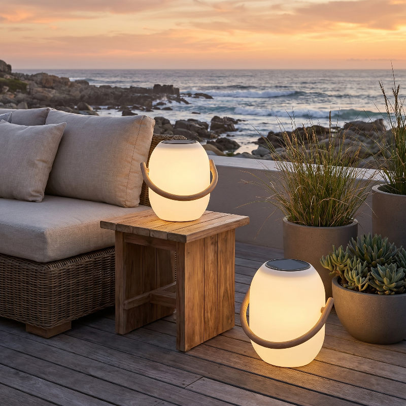 SunLume outdoor solar lantern on outdoor side table by ocean view