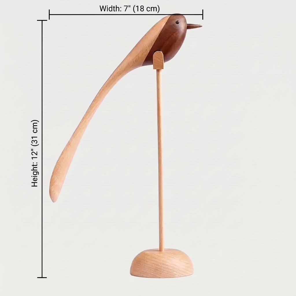 Two-Tone Wood Bird Sculpture large size dimensions diagram showing height 12 in / 31 cm and width 7 in / 18 cm