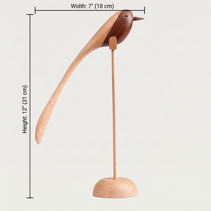 Two-Tone Wood Bird Sculpture large size dimensions diagram showing height 12 in / 31 cm and width 7 in / 18 cm