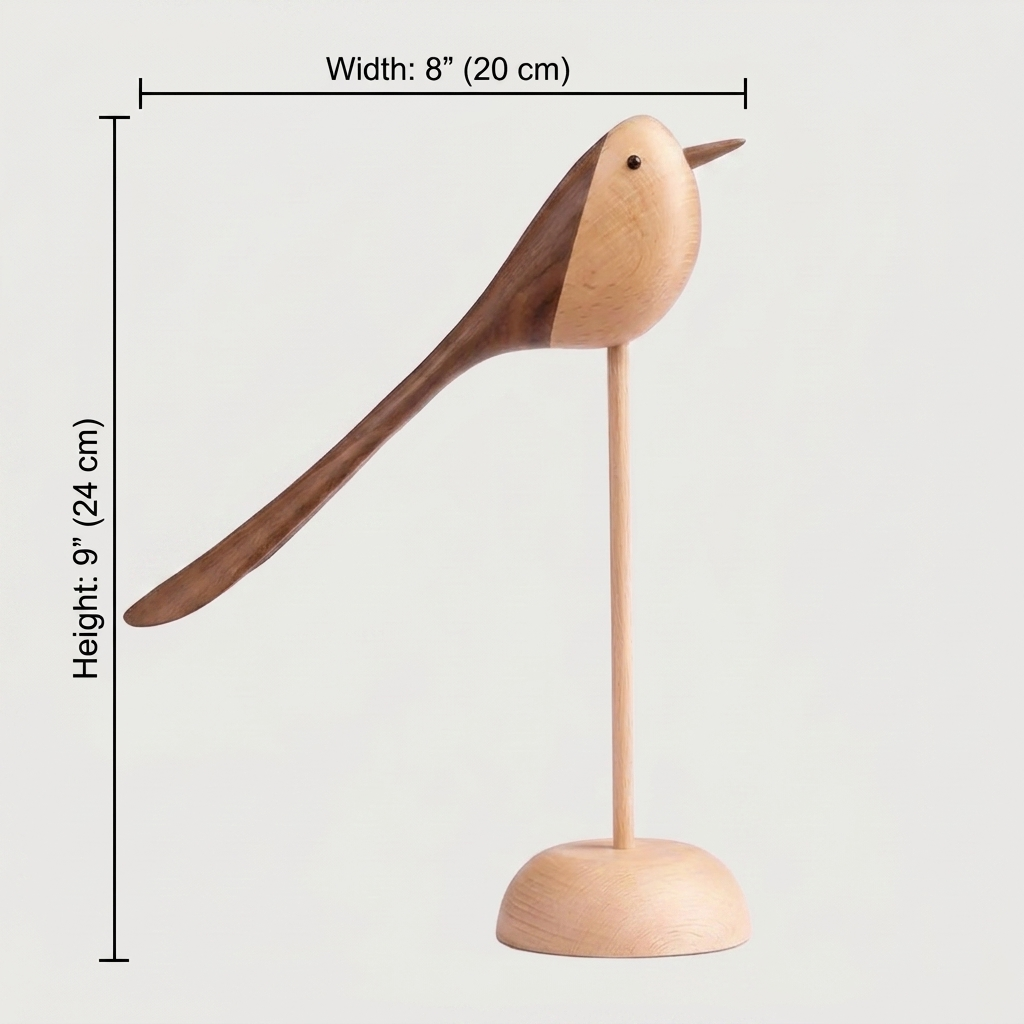 Two-Tone Wood Bird Sculpture small size dimensions diagram showing height 9 in / 24 cm and width 8 in / 20 cm