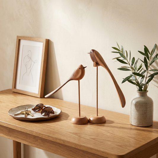 Two-Tone Wood Bird Sculptures styled on a wood console with framed line art and a plant in a modern living room