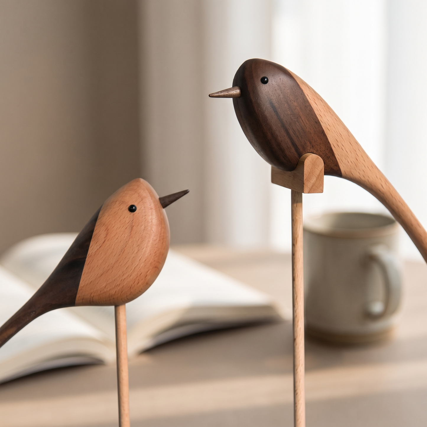 Two-Tone Wood Bird Sculptures close-up on a warm styled desktop with an open book and ceramic mug