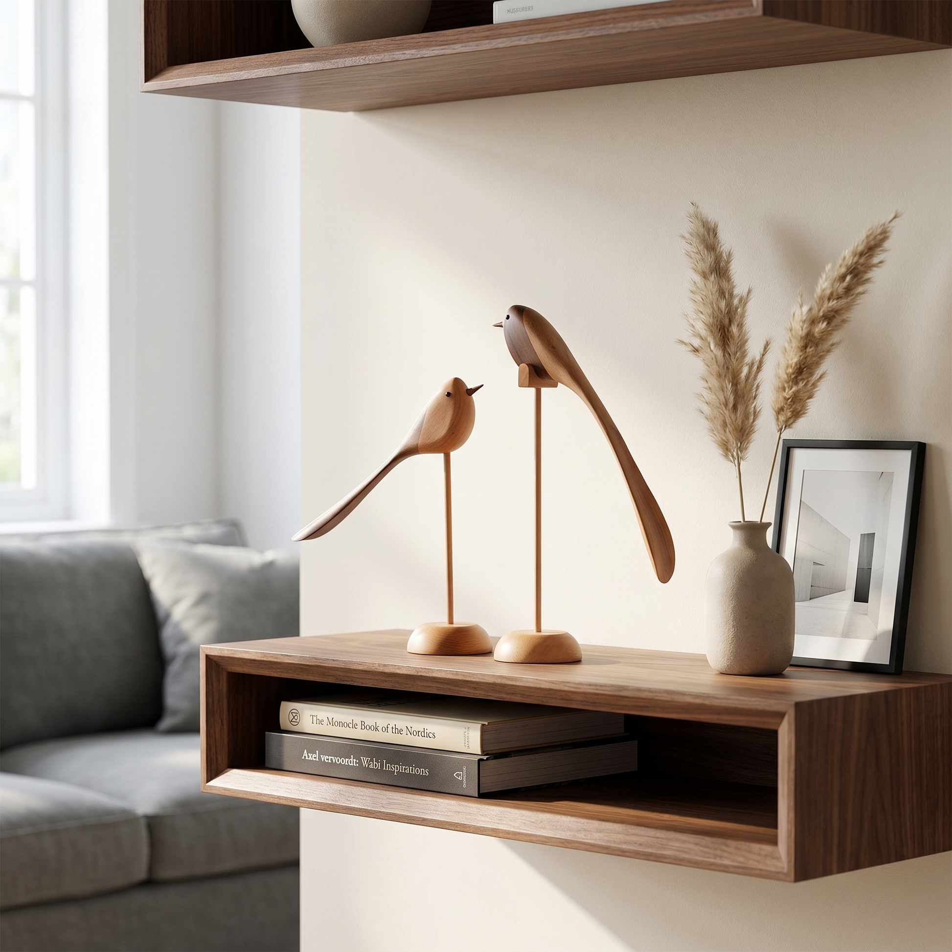 Two-Tone Wood Bird Sculptures displayed on a walnut floating shelf with dried pampas and framed art