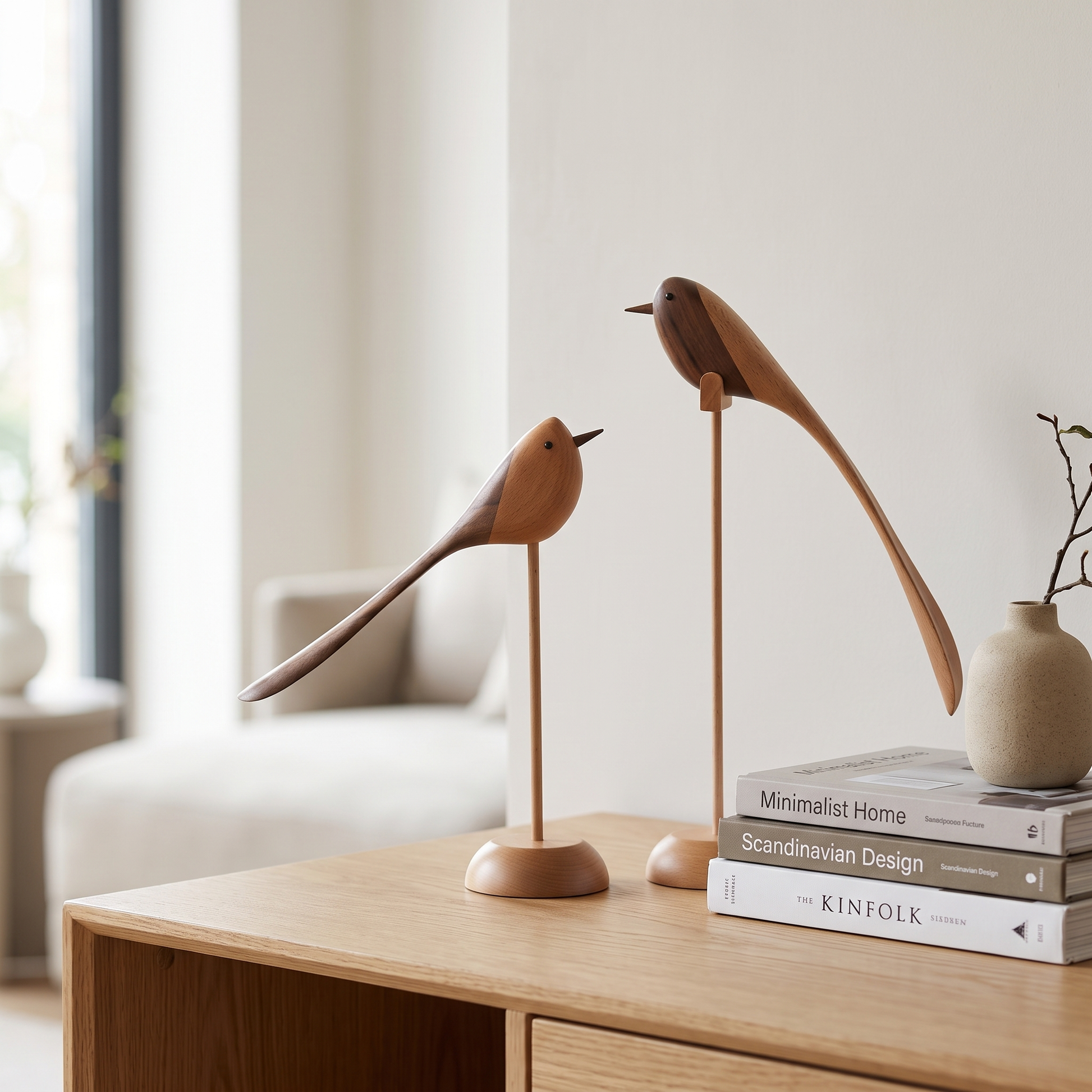 Two-Tone Wood Bird Sculptures on a light oak console with books and a ceramic vase in a bright living room