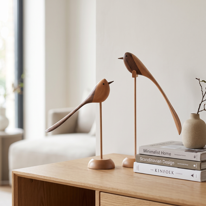 Two-Tone Wood Bird Sculptures on a light oak console with books and a ceramic vase in a bright living room