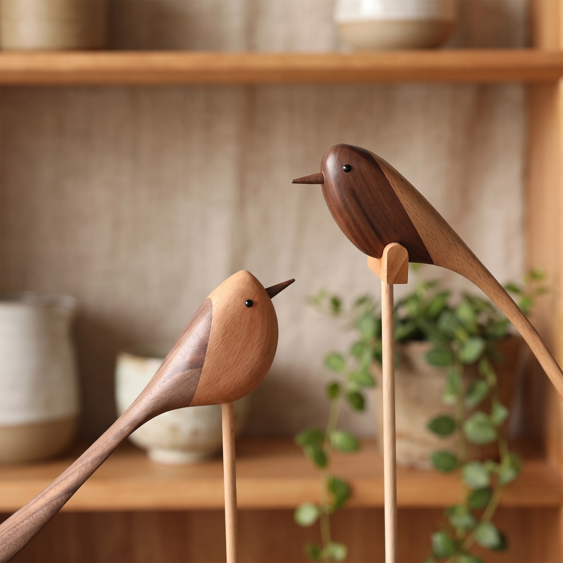 Two-Tone Wood Bird Sculptures close-up styled on a wood shelf with a trailing plant