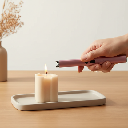 Hand using a lighter to light a candle on a wooden table with a neutral background