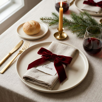 Velvet bow tied around napkin on holiday table setting