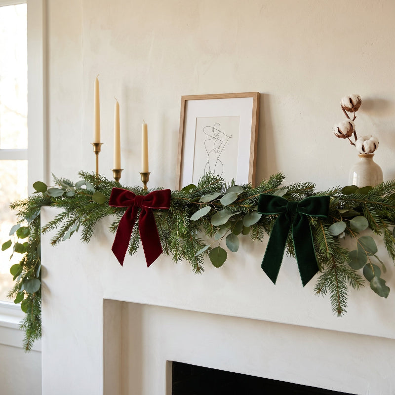 Velvet bows decorating holiday mantel greenery