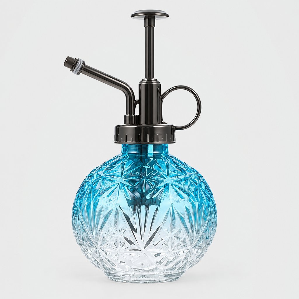Blue ombre cut glass round plant mister with a dark metal pump top, spout and ring handle on a light grey background