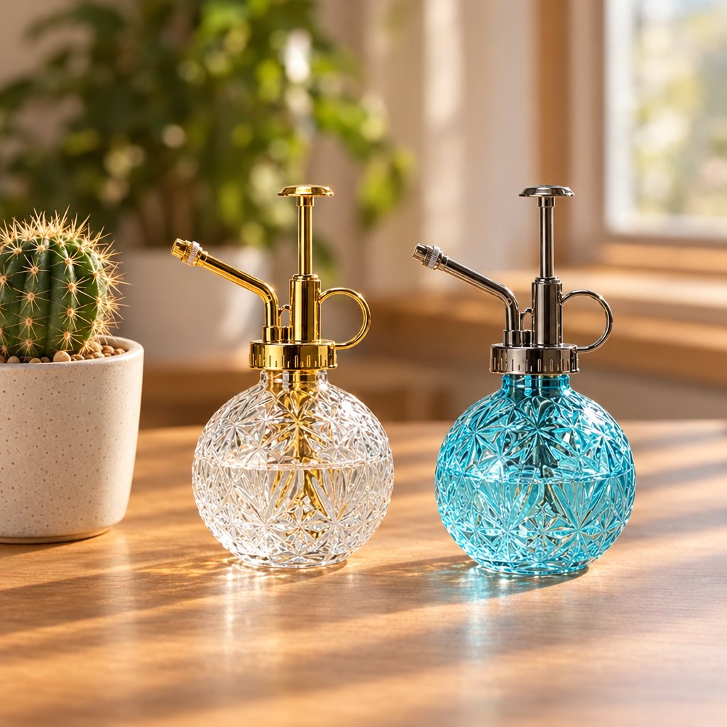 Clear cut glass plant mister with gold pump top and a blue cut glass plant mister with dark gunmetal pump top side by side on a wood desk beside a potted cactus in sunlight