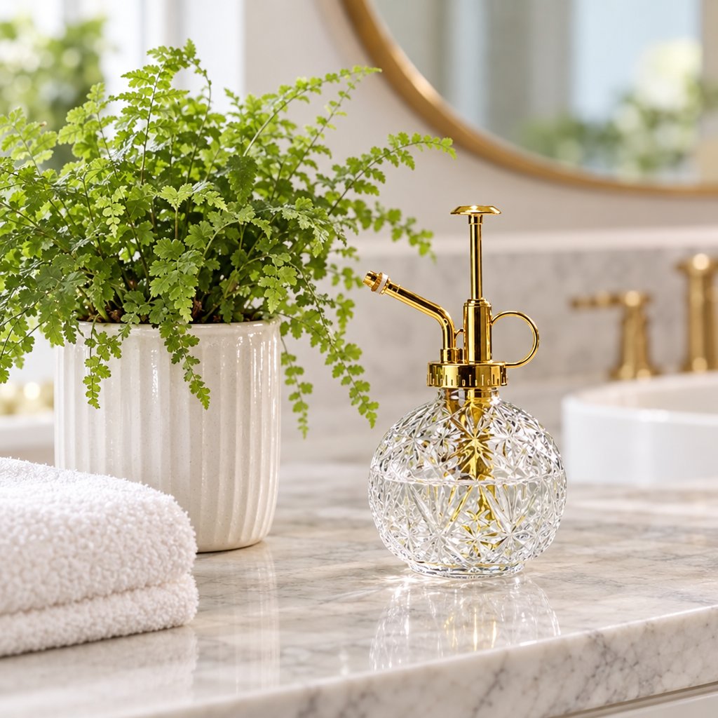Clear cut glass plant mister with gold pump top on a marble bathroom vanity beside a fern in a white ribbed pot, folded white towels and gold taps