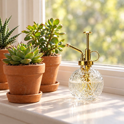 Clear cut glass plant mister with gold pump top on a sunny windowsill beside terracotta pots of succulents