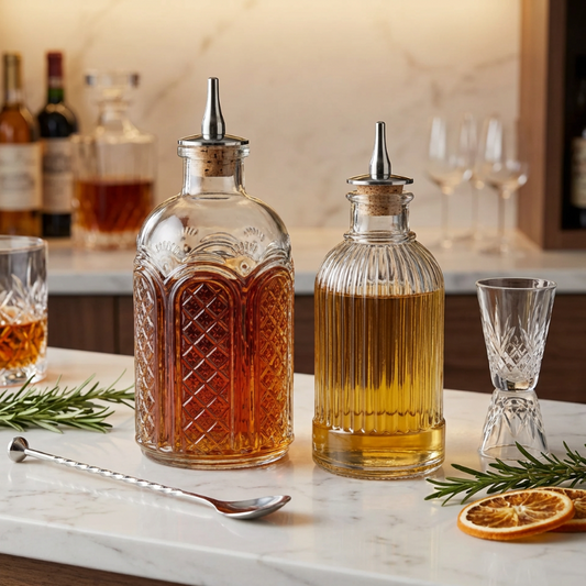 Two glass decanters with liquids on a marble surface with glasses and herbs.