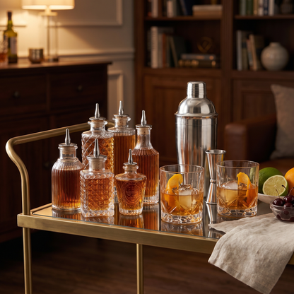 Vintage glass bitters bottles on a bar cart with cocktails and glassware, Kiyo Home