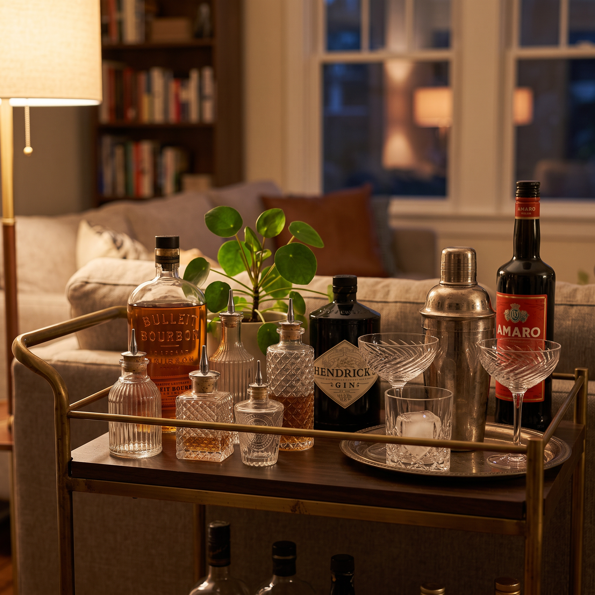 Vintage glass bitters bottles on a styled home bar cart in the evening, Kiyo Home