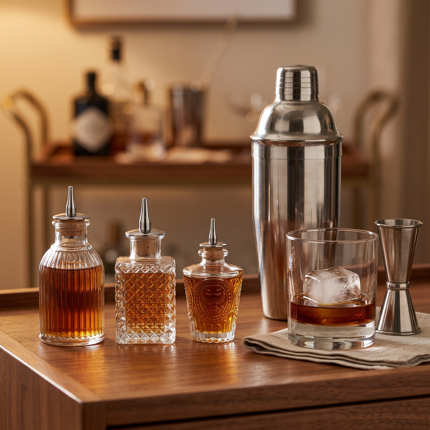 Small vintage glass bitters bottles on a bar with a cocktail shaker and rocks glass, Kiyo Home