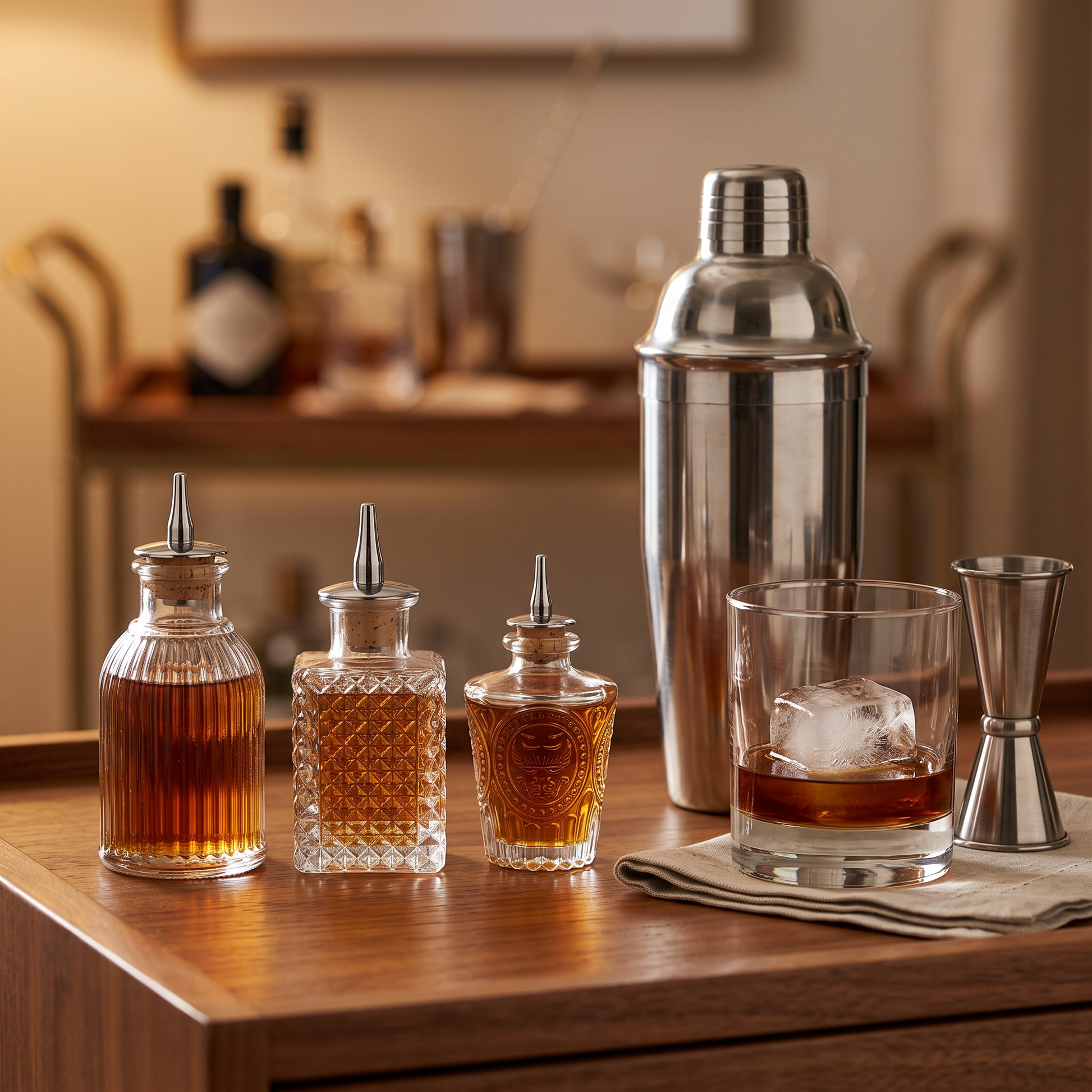 Small vintage glass bitters bottles on a bar with a cocktail shaker and rocks glass, Kiyo Home