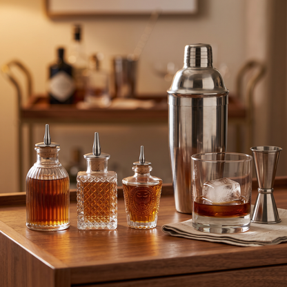 Small vintage glass bitters bottles on a bar with a cocktail shaker and rocks glass, Kiyo Home