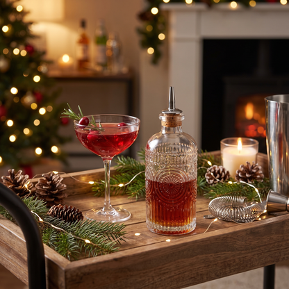 Vintage glass bitters bottle by a fireplace with a cranberry Christmas cocktail, Kiyo Home