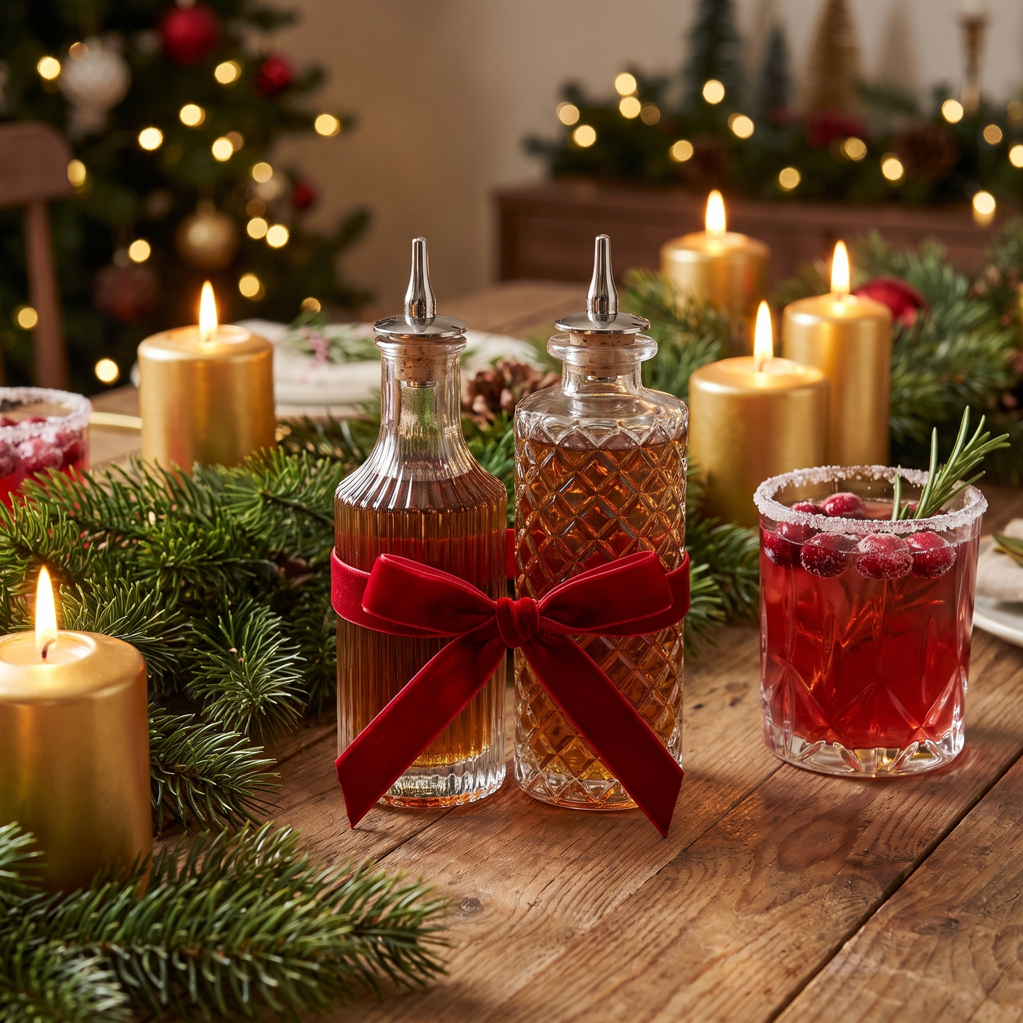 Vintage glass bitters bottles tied with a red ribbon as a Christmas gift, Kiyo Home
