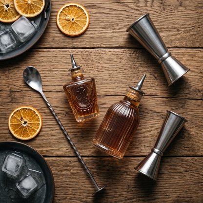 Overhead flat lay of vintage glass bitters bottles with bar tools and citrus, Kiyo Home