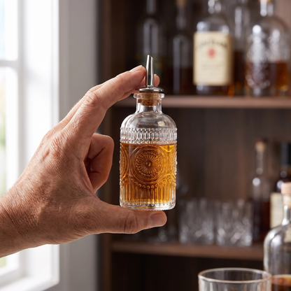Small vintage glass bitters bottle held in hand showing its compact size, Kiyo Home