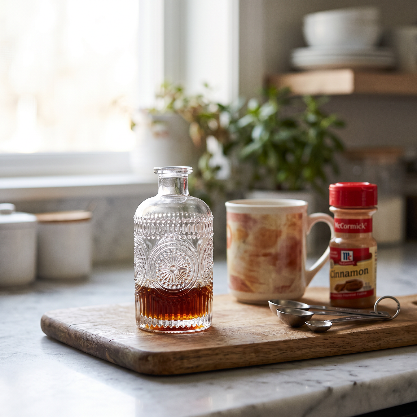 Small vintage glass bitters bottle on a kitchen counter beside a mug and spice jar, Kiyo Home