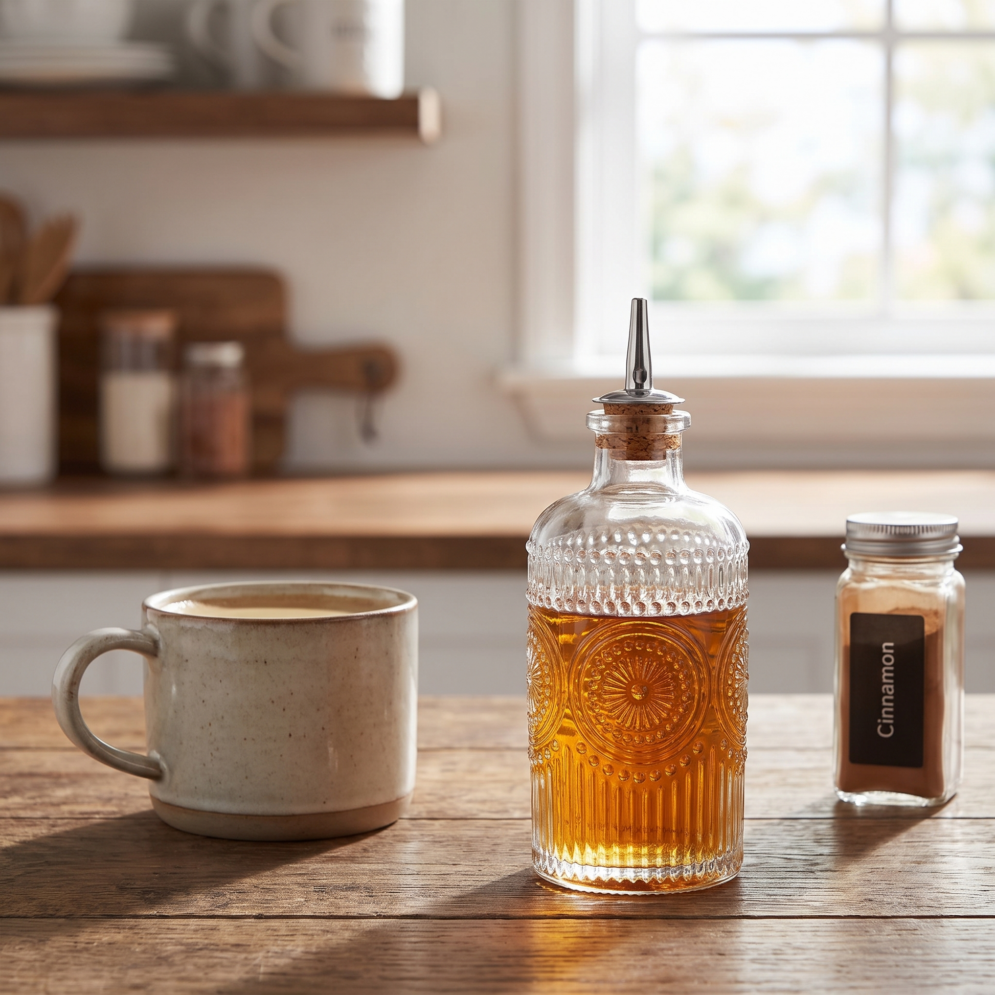 Small vintage glass bitters bottle on a counter next to a coffee mug for scale, Kiyo Home