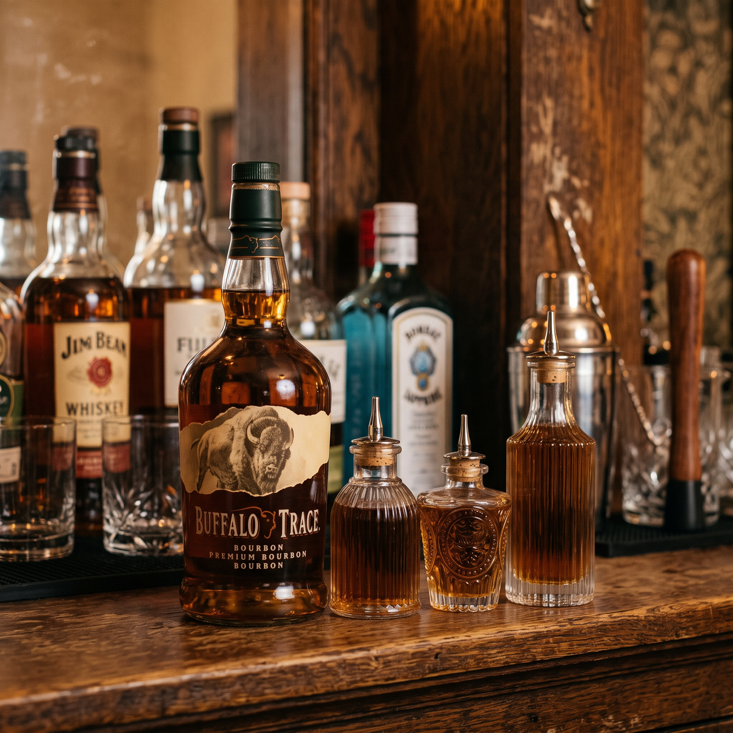 Small vintage glass bitters bottles next to full-size liquor bottles on a bar shelf, Kiyo Home