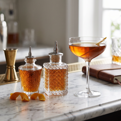 Vintage glass bitters bottles on a marble counter beside a coupe cocktail, Kiyo Home