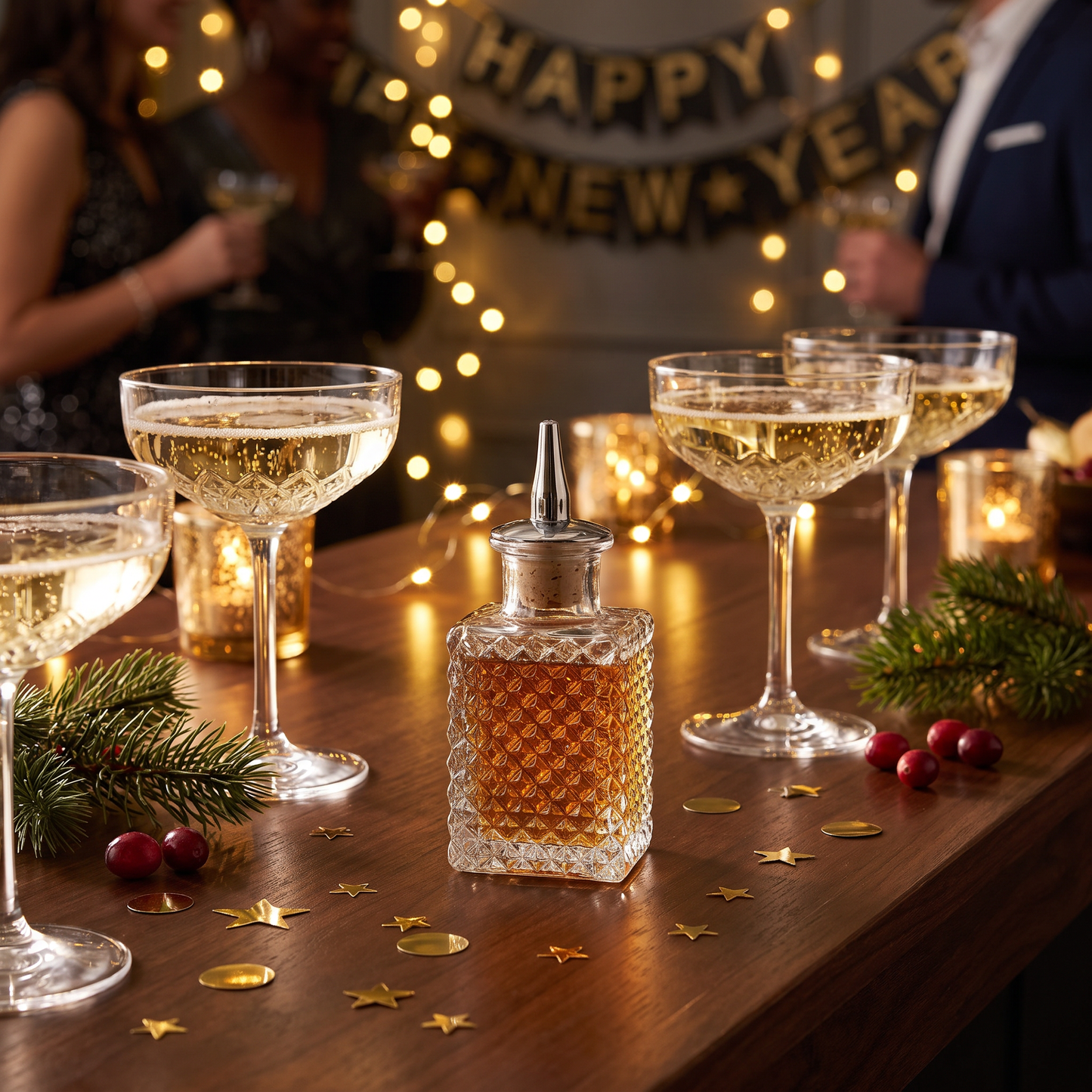 Vintage glass bitters bottle on a New Year's Eve bar with champagne coupes and confetti, Kiyo Home