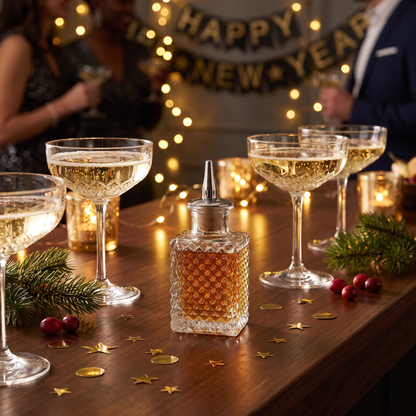Vintage glass bitters bottle on a New Year's Eve bar with champagne coupes and confetti, Kiyo Home