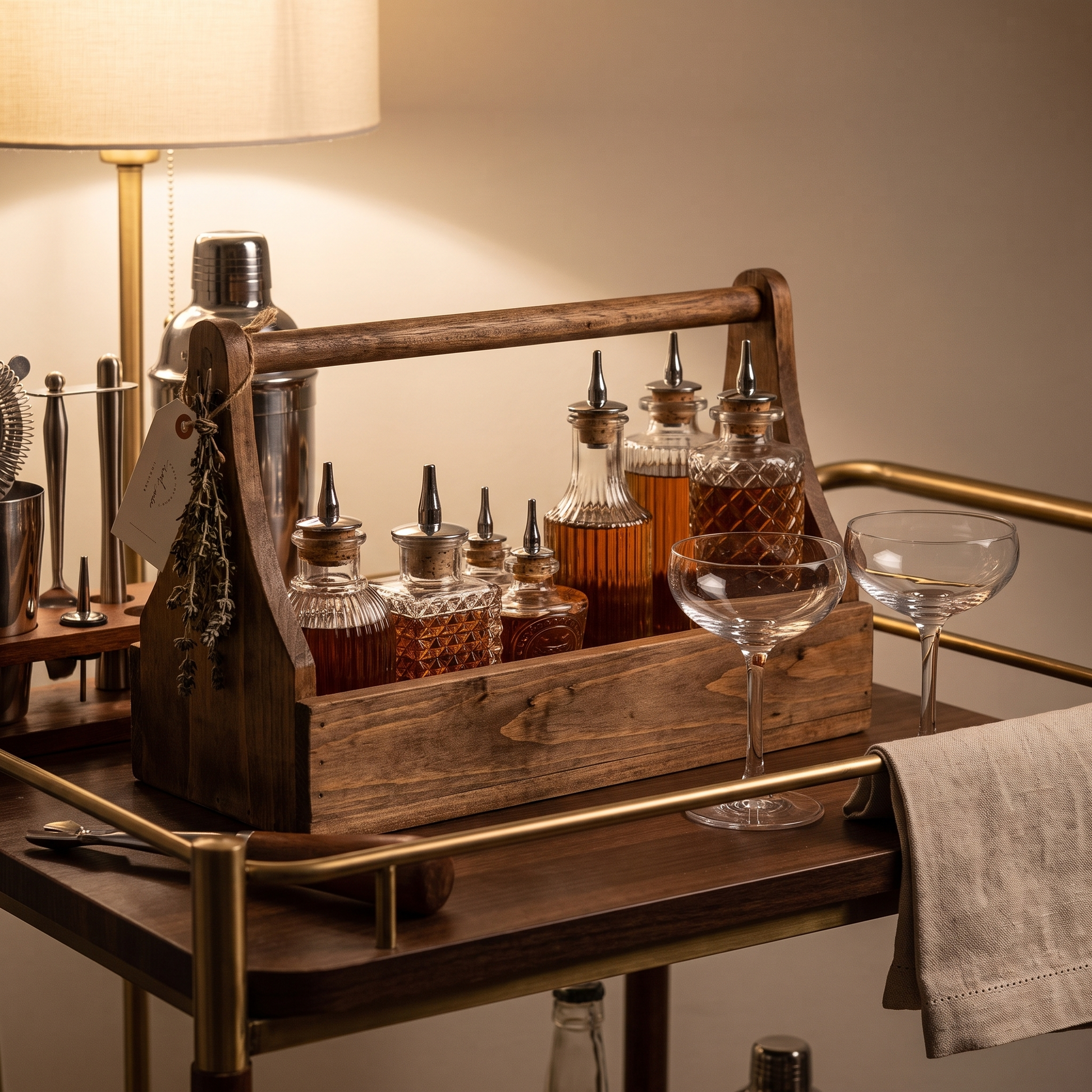 Vintage glass bitters bottles in a wooden caddy on a bar cart, Kiyo Home