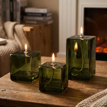 Three sizes of vintage green square glass oil lamps