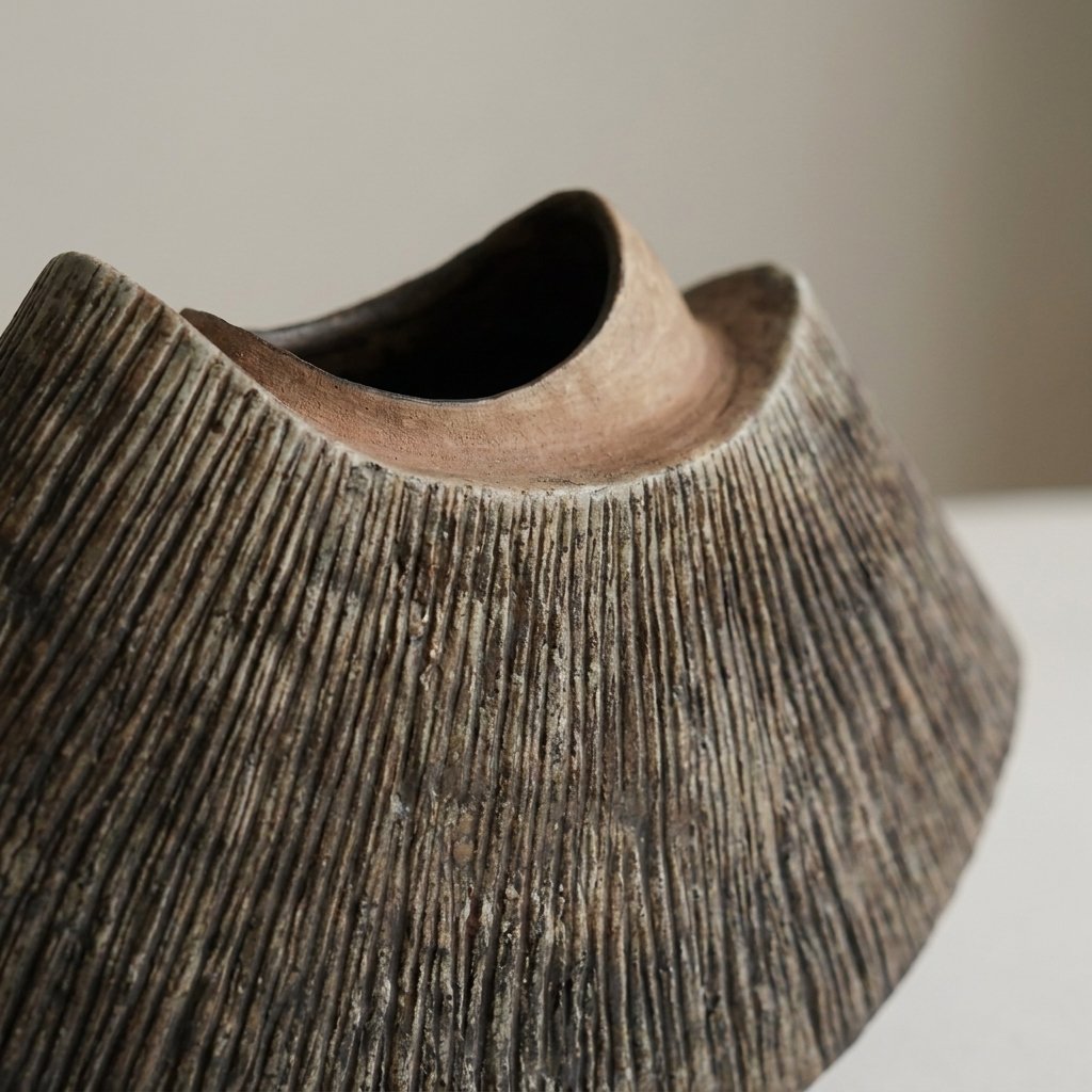 Close-up of the brown WabiSabi Ceramic Vase's textured ridged rim and opening