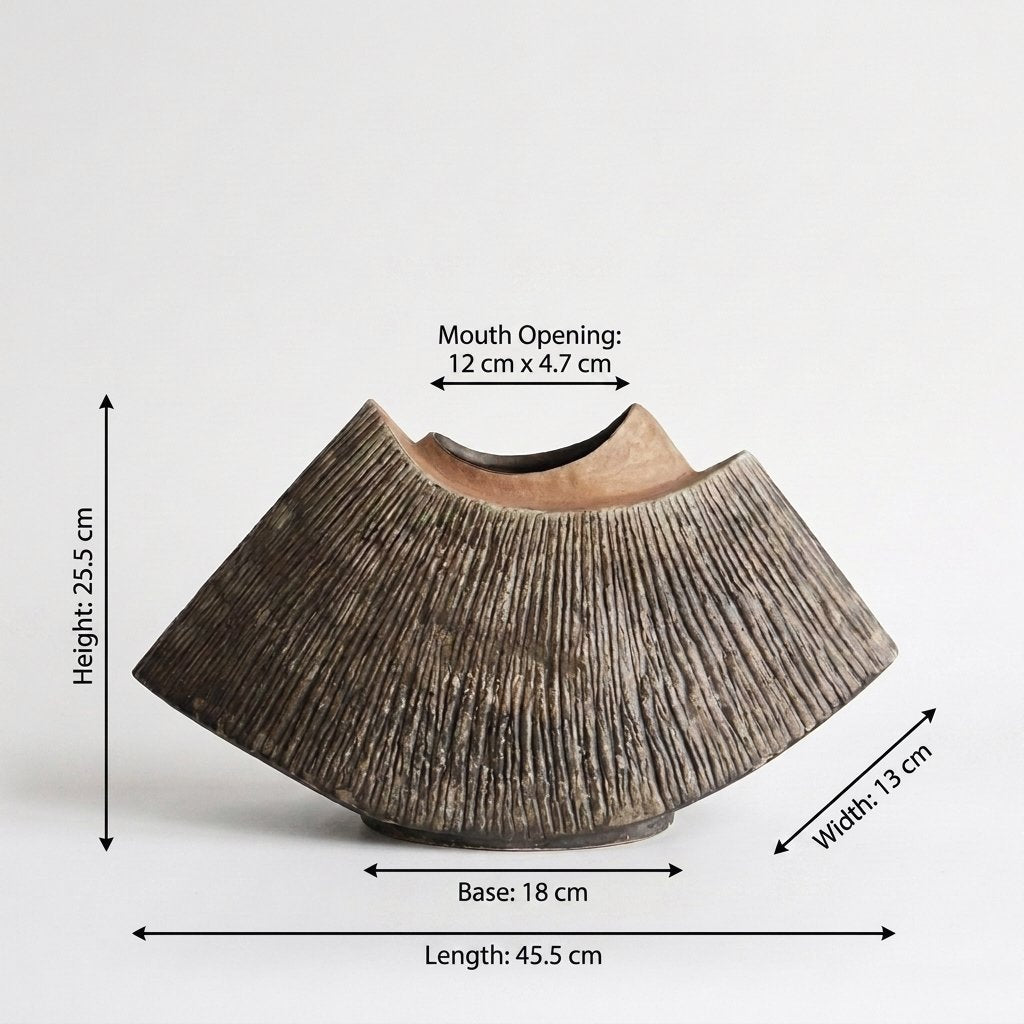 Brown WabiSabi Ceramic Vase dimensions diagram showing 45.5 cm length, 25.5 cm height, 13 cm width, an 18 cm base, and a 12 x 4.7 cm mouth opening