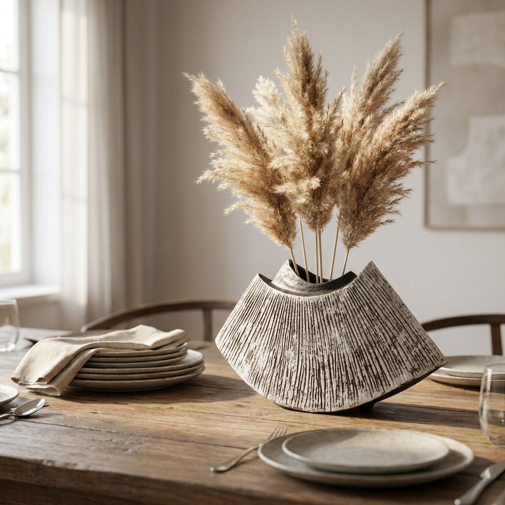 Black WabiSabi Ceramic Vase filled with pampas grass as a dining table centerpiece