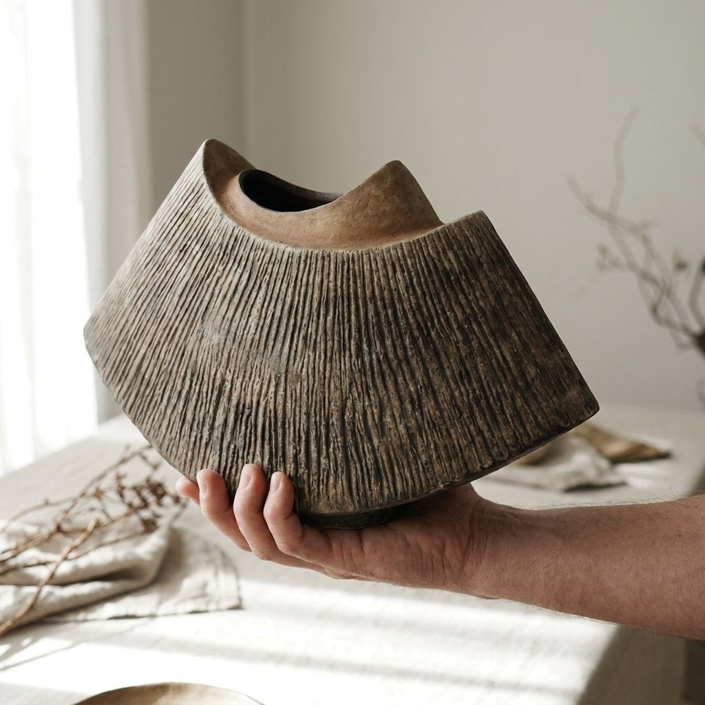Hands holding the brown WabiSabi Ceramic Vase to show its textured ridged surface