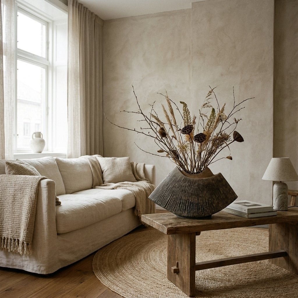 Black WabiSabi Ceramic Vase filled with pampas grass and eucalyptus on a coffee table in a living room