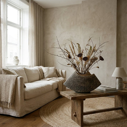 Black WabiSabi Ceramic Vase filled with pampas grass and eucalyptus on a coffee table in a living room