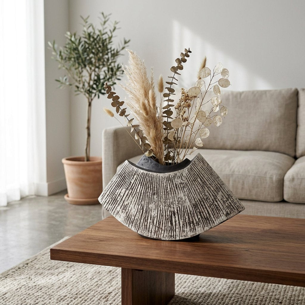 Black WabiSabi Ceramic Vase filled with dried branches and lotus pods in a neutral living room