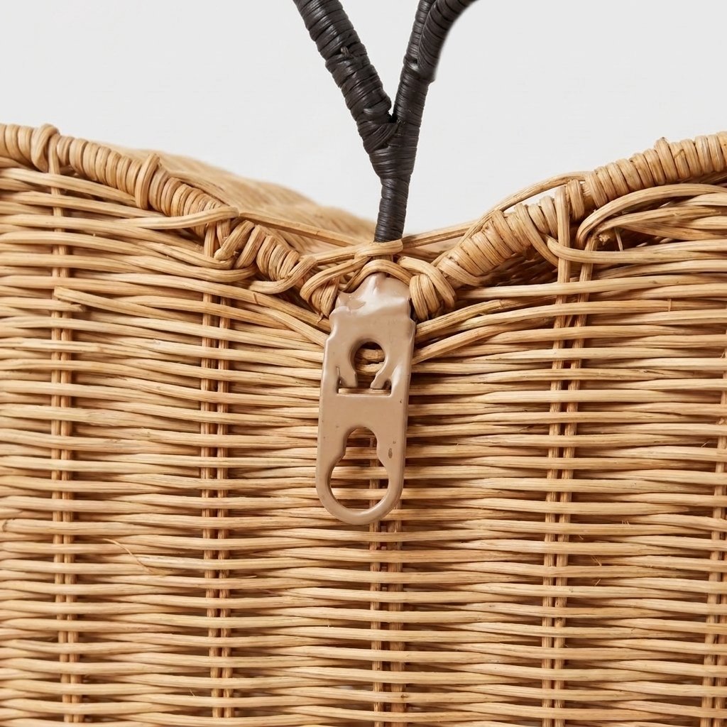 Close-up of the built-in keyhole mounting bracket on the back of the apple-shaped rattan basket