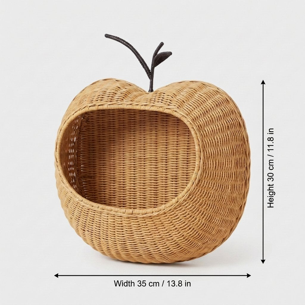 Apple-shaped rattan wall basket with labeled dimensions: height 11.8" (30cm), width 13.8" (35cm)