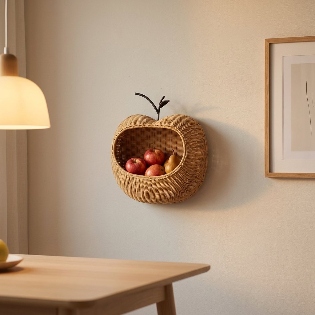 Apple-shaped rattan wall basket mounted above a dining table, holding apples and a pear